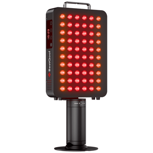 BestQool BQ60Pro Clamp Type 6-Wavelength Red Light Therapy device with timer display and adjustable stand.