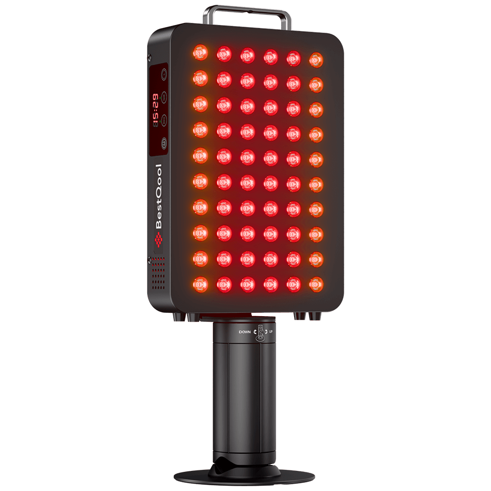 BestQool BQ60Pro Clamp Type 6-Wavelength Red Light Therapy device with timer display and adjustable stand.