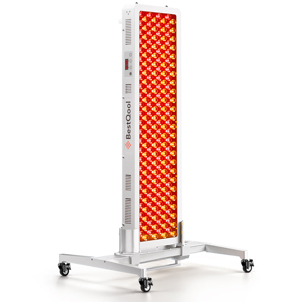 BestQool Pro200 clinical grade red light therapy panel, white, with illuminated dual-chip LEDs and timer on a stand.