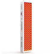 BestQool Pro200 full-body red light therapy panel, white frame, glowing dual-chip LEDs, digital timer.
