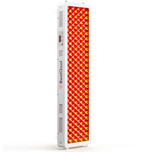 BestQool Pro200 full-body red light therapy panel, white frame, glowing dual-chip LEDs, digital timer.