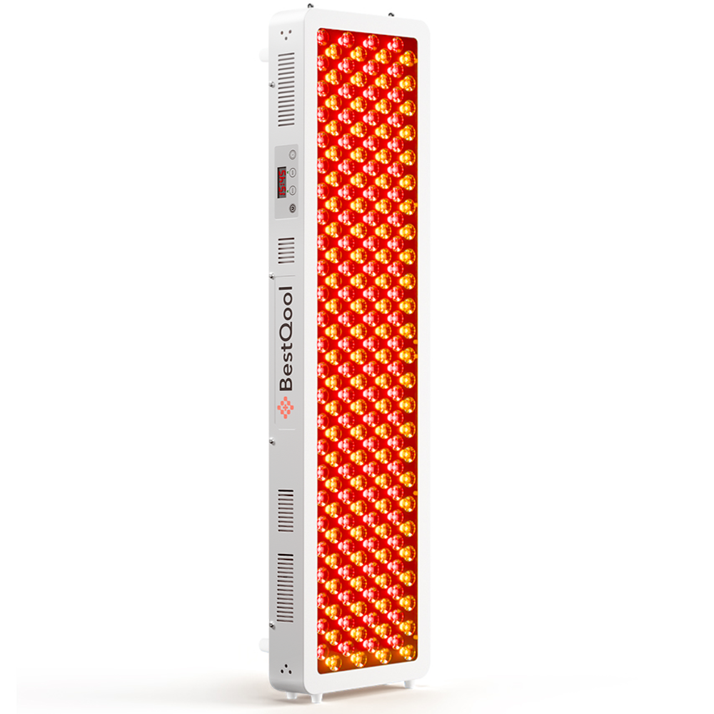 BestQool Pro200 full-body red light therapy panel, white frame, glowing dual-chip LEDs, digital timer.