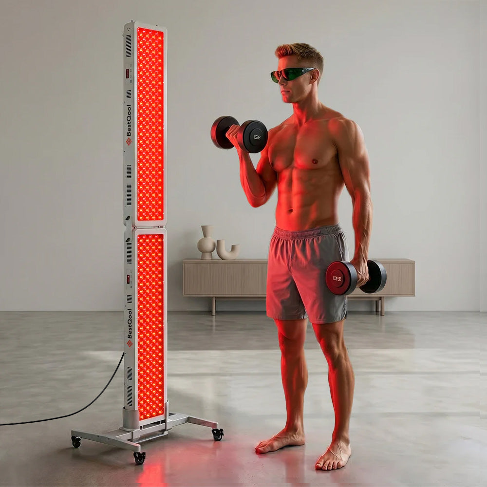 Full-body red light therapy Pro200 panel with man doing dumbbell workout