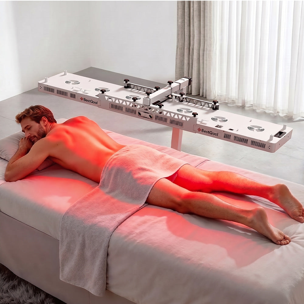 BestQool universal stand holding a horizontal red light therapy panel over a bed