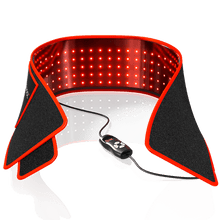 Red light therapy belt with adjustable black wrap and red LED panel, smart controller