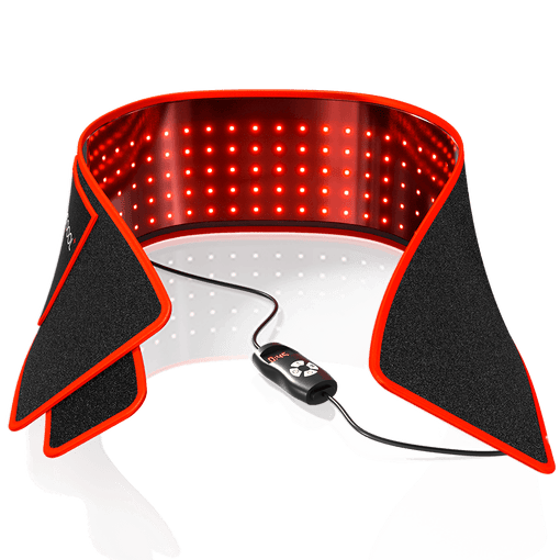 BestQool Redot S Red Light Therapy Belt features bright red LEDs, black comfortable fabric, and smart remote control.