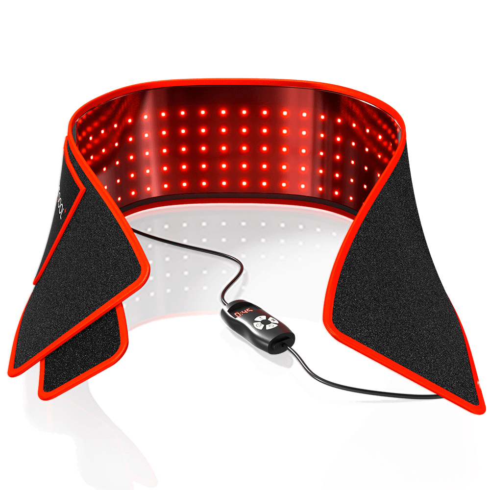 BestQool Redot S Red Light Therapy Belt features bright red LEDs, black comfortable fabric, and smart remote control.