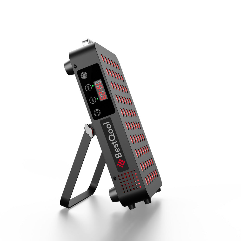 Red light therapy BQ60 device with digital timer, red LED vents, and adjustable stand