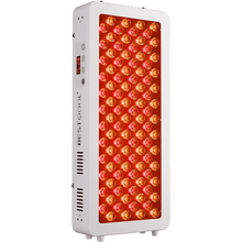 BestQool Half-Body Red Light Therapy Pro100, medical-grade freestanding device with glowing red LEDs & digital timer.