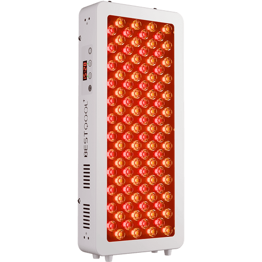 BestQool Half-Body Red Light Therapy Pro100, medical-grade freestanding device with glowing red LEDs & digital timer.