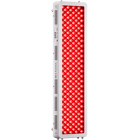 BestQool Pro200 full-body red light therapy panel, white frame, glowing dual-chip LEDs, digital timer.
