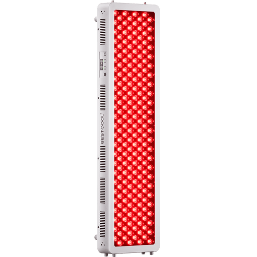 BestQool Pro200 full-body red light therapy panel, white frame, glowing dual-chip LEDs, digital timer.