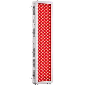 BestQool Pro200 full-body red light therapy panel, white frame, glowing dual-chip LEDs, digital timer.