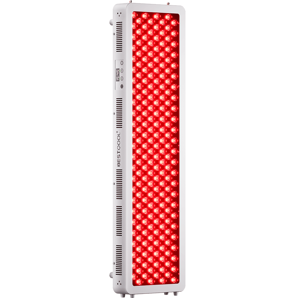BestQool Pro200 full-body red light therapy panel, white frame, glowing dual-chip LEDs, digital timer.