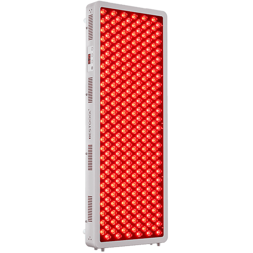 Bestqool Pro300 4-wavelength full-body red light therapy panel with illuminated LEDs and control screen