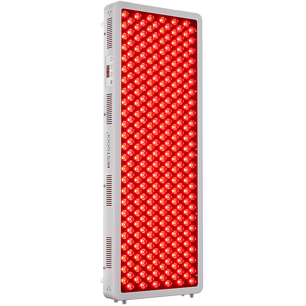 Bestqool Pro300 4-wavelength full-body red light therapy panel with illuminated LEDs and control screen